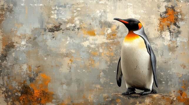 King penguin standing, textured background, Antarctic wildlife, nature poster