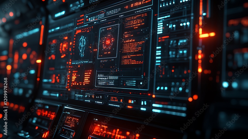 Poster cyberpunk interface: futuristic digital interface with glowing red and blue elements, intricate deta