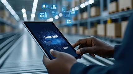 A businessman utilizes a tablet to oversee a digital flow system, enhancing logistics in a modern warehouse with advanced technology
