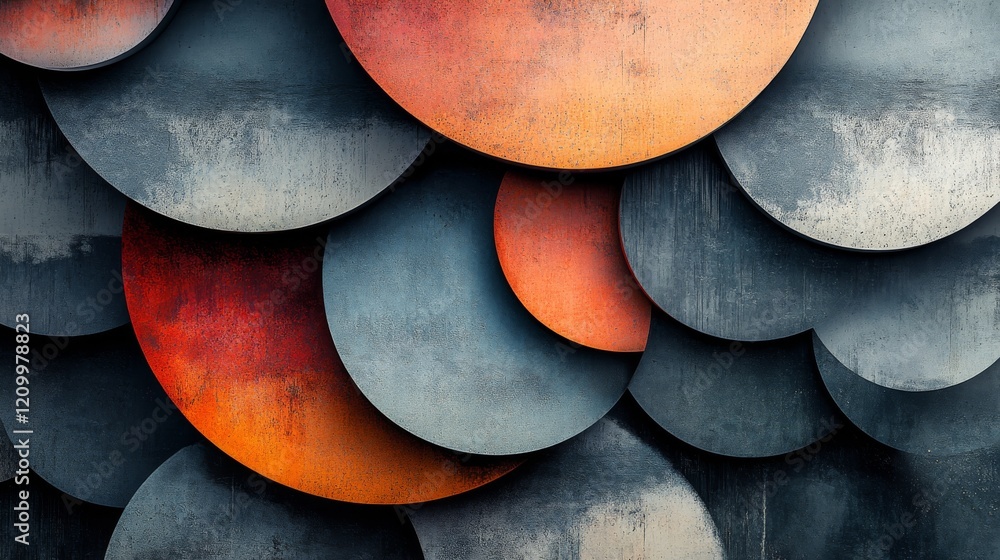 Poster overlapping circular metal plates in rust and grey tones
