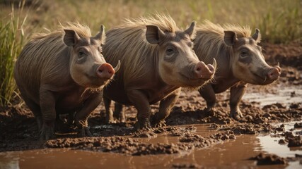 Fototapeta premium Three wild boars standing near a muddy waterhole in a natural setting.