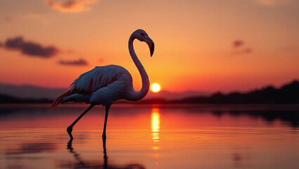 Flamingo standing gracefully at sunset with calm reflections on the water.