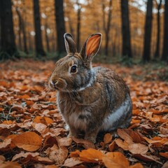 Fototapeta premium A rabbit surrounded by orange and red leaves in an autumn forest.
