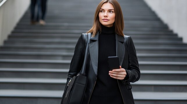 A stylish businesswoman checks her phone while ascending a modern staircase, showcasing urban elegance and professional success. - Powered by Adobe