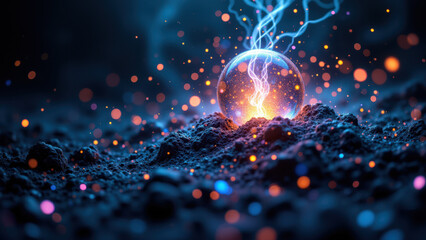 A futuristic AI-themed illustration featuring an orb of light on a ground speckled with small sparks of light against a dark background.