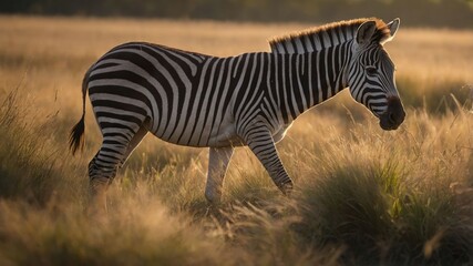 A zebra walks through tall grass during golden hour, showcasing its striking black and white stripes.