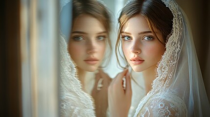 Fototapeta premium A bride resplendent in her elegant attire, adorned with a delicate veil, radiates beauty and grace as soft morning light filters through the window, creating a stunning and ethereal atmosphere