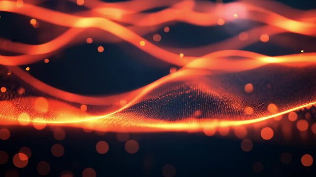 Technological waves or red flowing lines with particles against dark background 