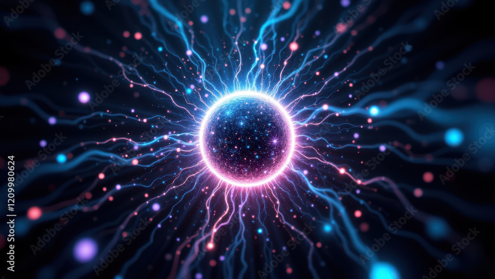 Aufkleber powerful ai tech visual with a glowing sphere at its center, surrounded by dynamic energy lines.