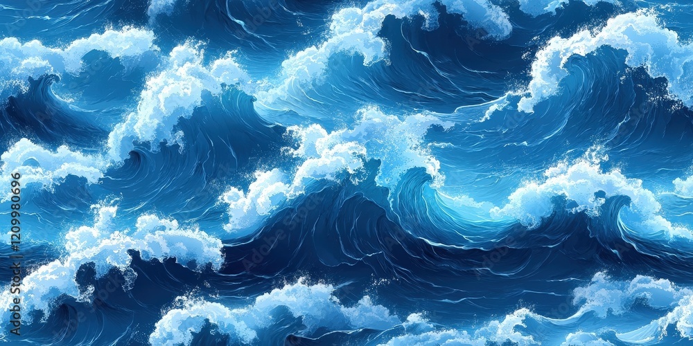 Poster seamless pattern background of beautiful blue ocean waves with dynamic movement and texture for crea