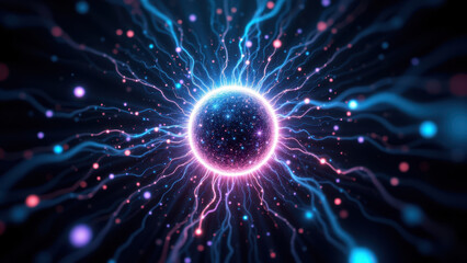 Fototapeta premium Powerful AI tech visual with a glowing sphere at its center, surrounded by dynamic energy lines.