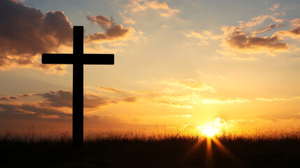 Fototapeta premium Silhouette of Cross Against Sunset Sky Symbolizing Hope and Faith in Tranquil Evening Landscape : Generative AI
