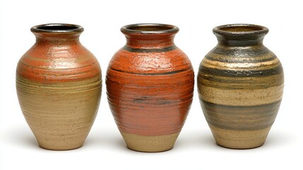 Three handcrafted ceramic vases with unique earthy tones and striped patterns, arranged in a row on a white background.