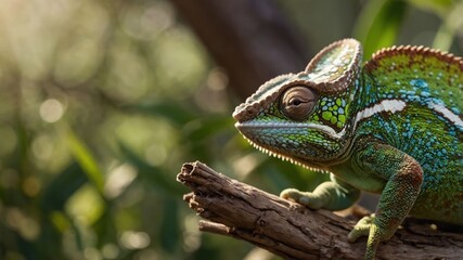 Obraz premium A close-up of a vibrant green lizard perched on a branch in a natural setting.