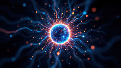 Fototapeta premium Dynamic neural network with glowing blue and orange elements for AI technology.