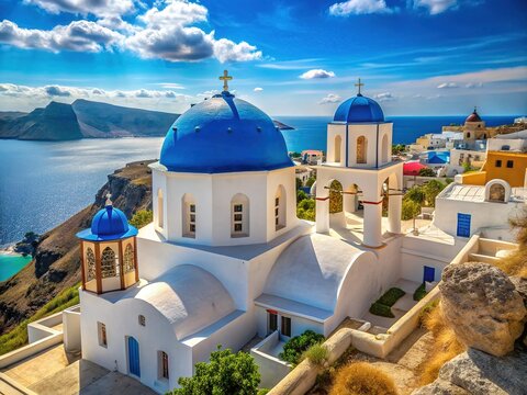 Aegean vista:  Vothonas's blue-domed church, Santorini panorama.