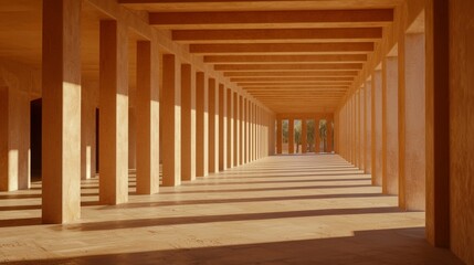 Fototapeta premium Sunlit colonnade pathway creates a serene, minimalist architectural space, ideal for meditation and contemplation.