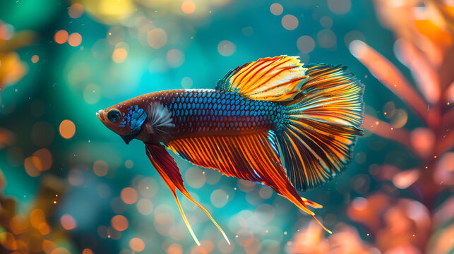 Betta fish with beautiful fins and bright, alluring colors, swimming happily in a colorful aquarium