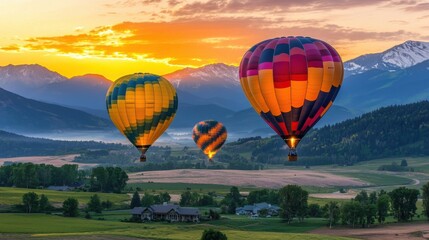 Fototapeta premium Serene Hot Air Balloons Floating Over Majestic Mountain Landscape at Sunset