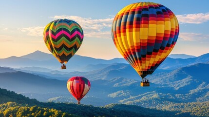 Fototapeta premium Colorful Hot Air Balloons Soaring Over Scenic Mountain Landscape in a Clear Sky
