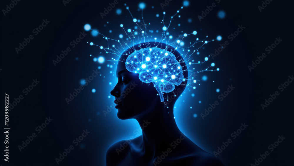 Poster a stylized image depicting human intelligence with ai technology in the form of a lighted brain.