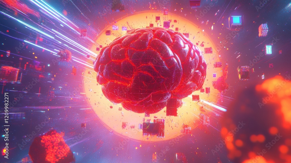 Poster abstract digital brain surrounded by floating ai and tech-related icons on a glowing background.