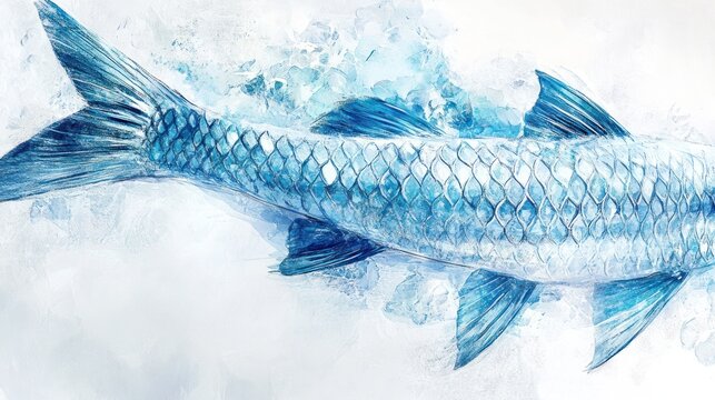 Aquatic fish watercolor painting, ocean splash background, seafood menu design