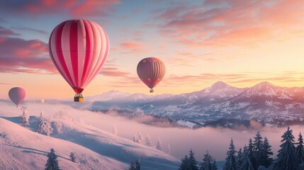 Fototapeta premium Mesmerizing Hot Air Balloons Soaring Over Breathtaking Snowy Alpine Landscape at Vibrant Sunset