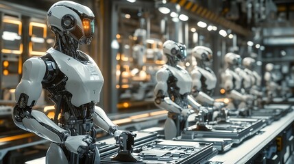 Fototapeta premium Robots on Assembly Line Modern Manufacturing Automation