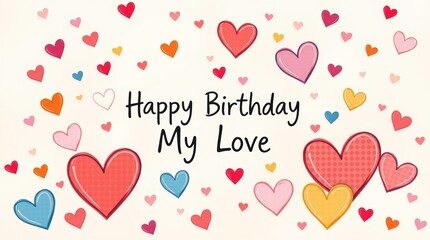 Happy Birthday My Love with colorful hearts on soft background