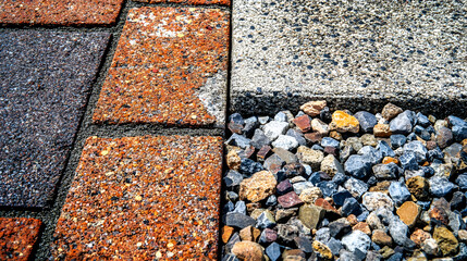 a close up of a brick walkway with rocks and gravel