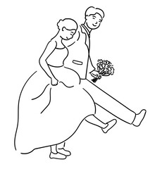 Bride and groom, couple is happily walking together, holding hands illustration
