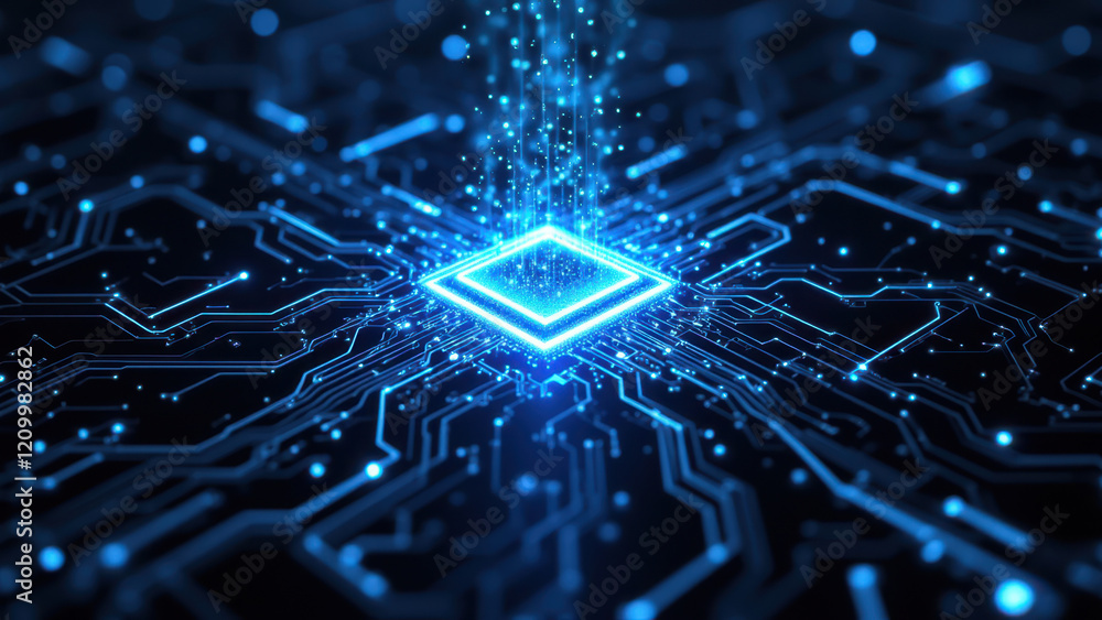 Poster intricate ai neural network pattern with central glowing blue cube.