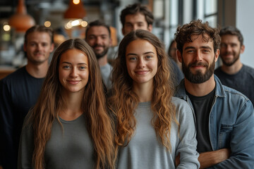 Obraz premium Colleagues posing for a group photo after a successful project launch. Bright lighting, contrast