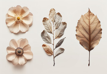 Preserved dry leaves and flowers arranged for a herbarium collection display