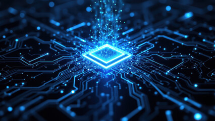 Intricate AI neural network pattern with central glowing blue cube.