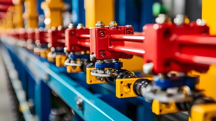 Fototapeta premium A close-up view of a colorful assembly of hydraulic components, showcasing red and yellow connections on a blue framework.