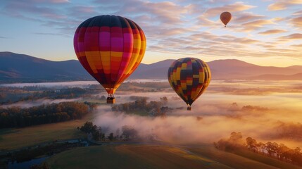 Naklejka premium Colorful Hot Air Balloons Soaring Above Misty Mountain Landscape at Breathtaking Sunset Scenery