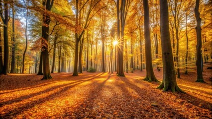Obraz premium Golden Autumn Sunlight Illuminates a Pathway Through a Canopy of Trees