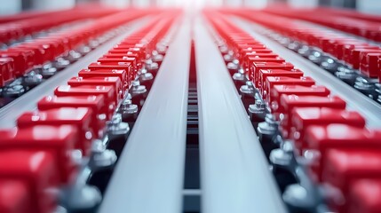 Obraz premium A close-up view of a row of red buttons or controls aligned on a metallic surface, creating a symmetrical and industrial aesthetic.