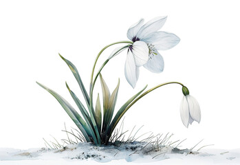 Watercolor of snowdrop flowers blooming in a serene winter landscape setting