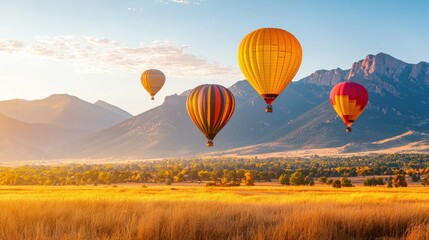 Obraz premium Hot Air Balloons Soaring Over Picturesque Mountain Landscape at Sunrise or Sunset