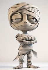 Mummy character in a playful pose with tattered wrappings against a simple background