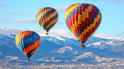 Obraz premium Vibrant Hot Air Balloons Soaring Above Scenic Mountain Landscape