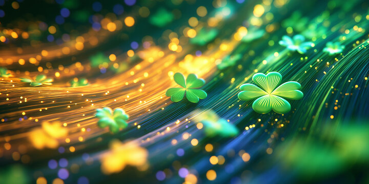 Green clover in fiber optic lines, unique sci fi st patrick background