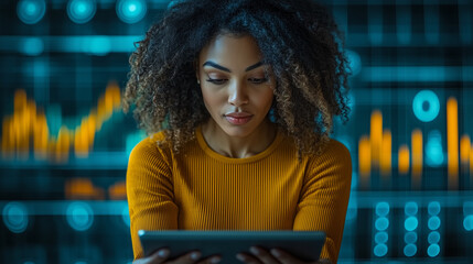 A businesswoman reviewing charts and graphs displayed on a tablet. Bright lighting, contrast