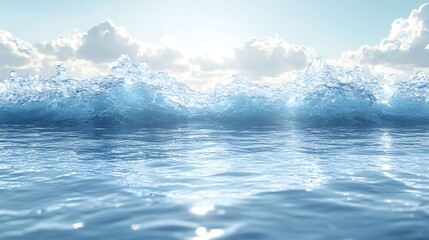 Fototapeta premium Frozen Ocean Horizon: A mesmerizing scene of shimmering ice formations rising from the vast, crystal-clear ocean, bathed in the soft glow of the sun. The contrast between the smooth.