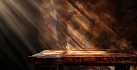 Light rays illuminate a rustic wooden table against a textured wall background
