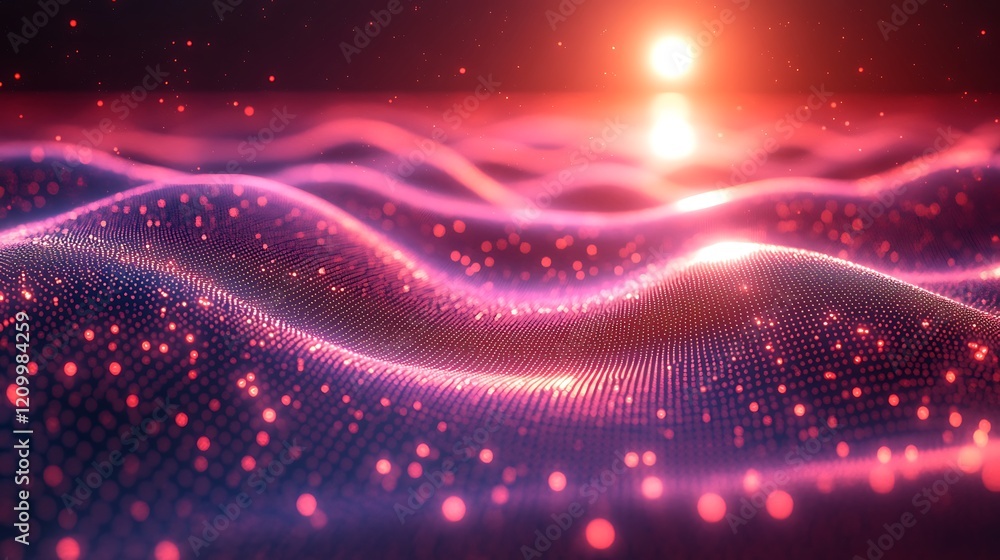 Poster digital horizon: a mesmerizing abstract backdrop of swirling digital particles illuminated by a vibr