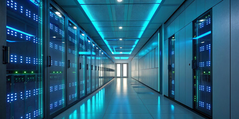 A Modern Data Center Corridor with Glowing LED Lights for a High-Tech Feel